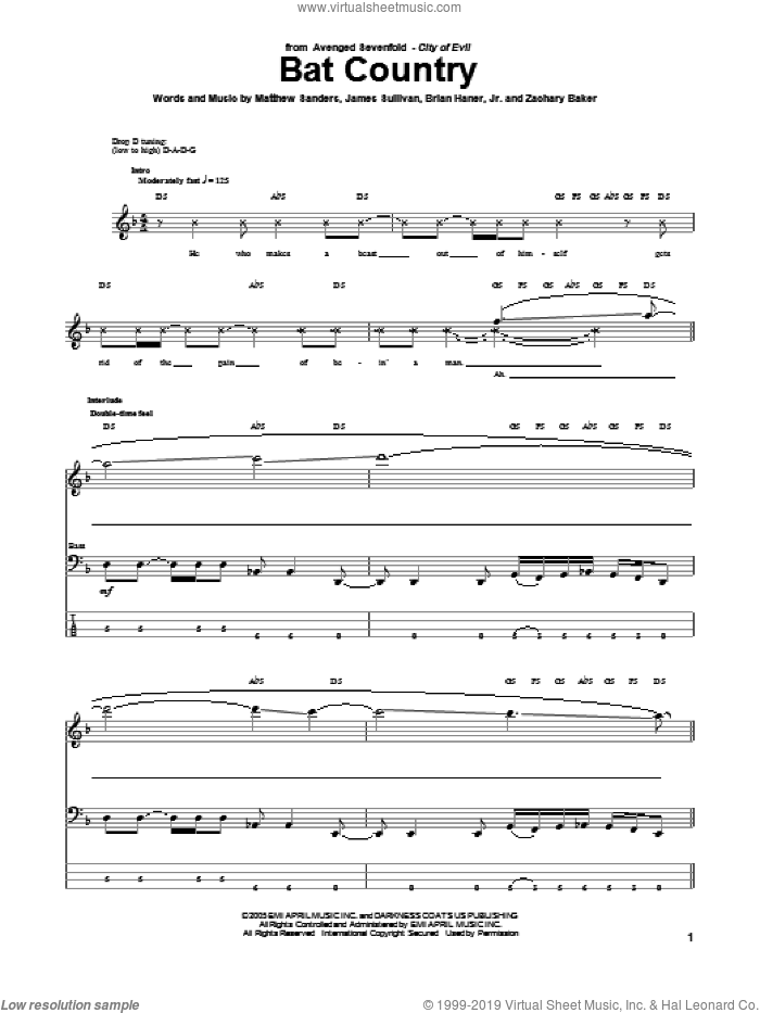 Bat Country sheet music for bass (tablature) (bass guitar) by Avenged Sevenfold, intermediate skill level