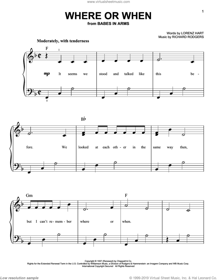 Where Or When sheet music for piano solo by Rodgers & Hart, Lorenz Hart and Richard Rodgers, easy skill level