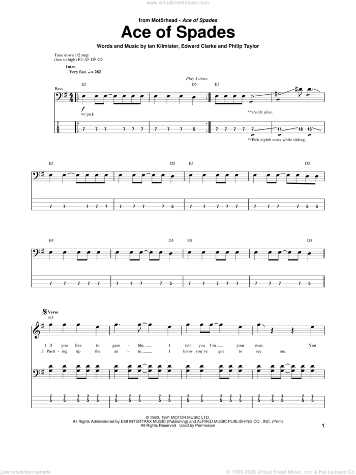 Ace Of Spades sheet music for bass (tablature) (bass guitar) by Motorhead, intermediate skill level