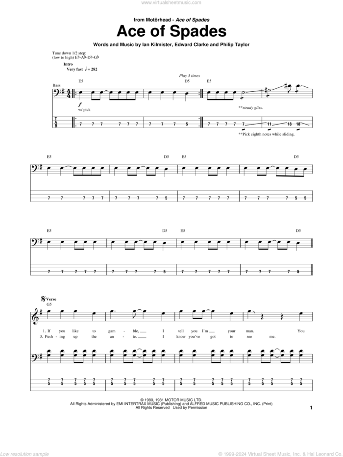 Ace Of Spades sheet music for bass (tablature) (bass guitar) by Motorhead, intermediate skill level