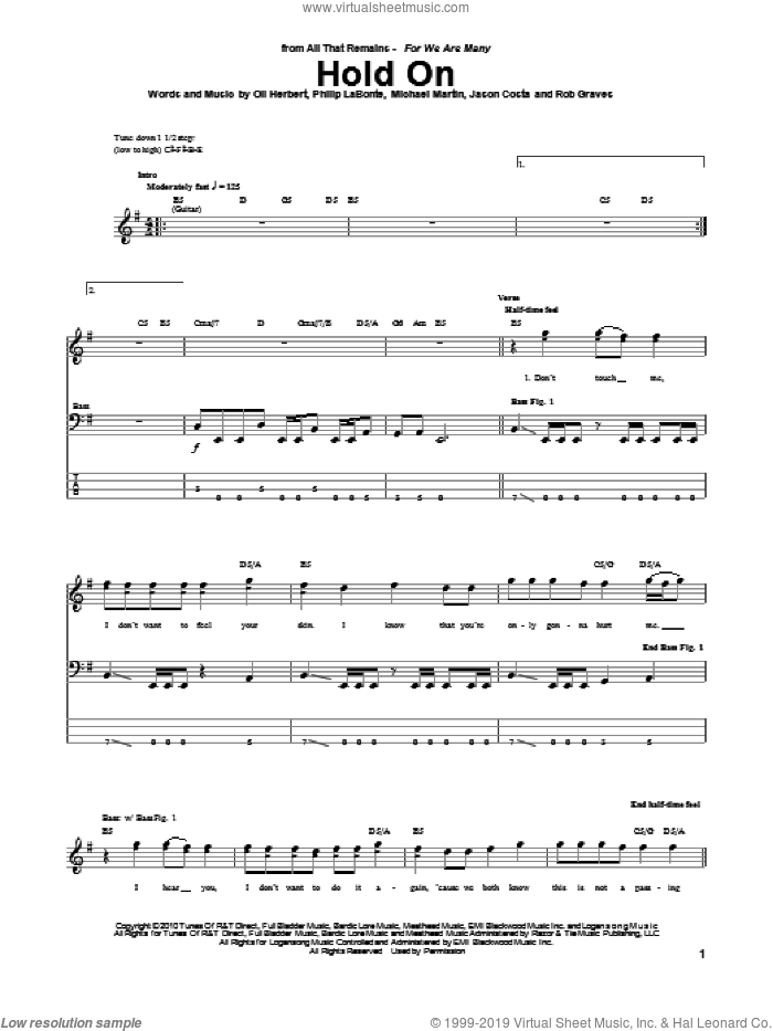 Hold On sheet music for bass (tablature) (bass guitar) by All That Remains, intermediate skill level