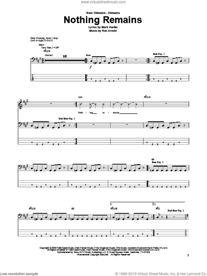 Nothing Remains sheet music for bass (tablature) (bass guitar) by Chimaira, intermediate skill level