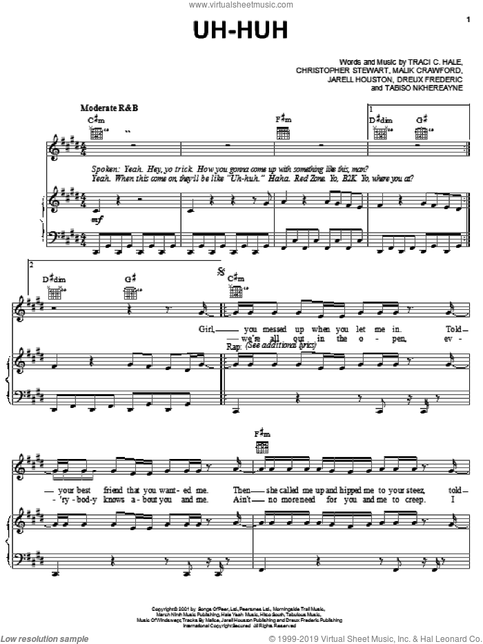 Uh-Huh sheet music for voice, piano or guitar by B2K, Christopher Stewart, Dreux Frederic and Jarell Houston, intermediate skill level