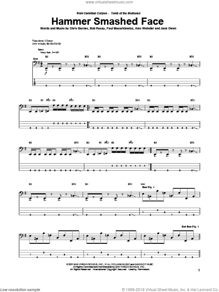 Hammer Smashed Face sheet music for bass (tablature) (bass guitar) by Cannibal Corpse, intermediate skill level