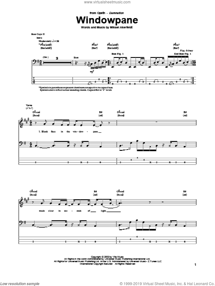 Windowpane sheet music for bass (tablature) (bass guitar) by Opeth, intermediate skill level