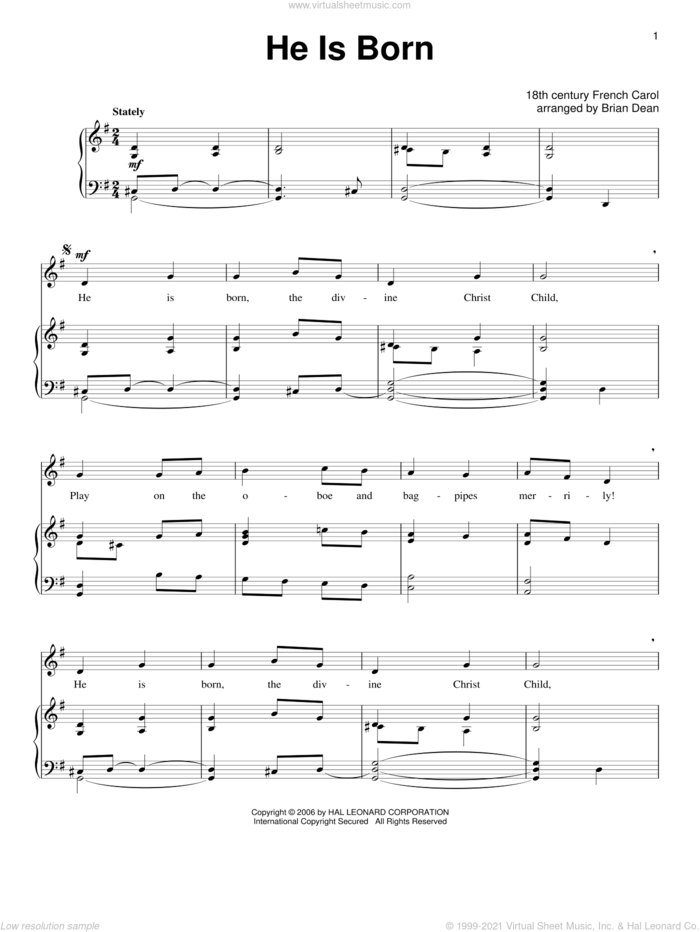 He Is Born, The Holy Child (Il Est Ne, Le Divin Enfant) sheet music for voice and piano, classical score, intermediate skill level