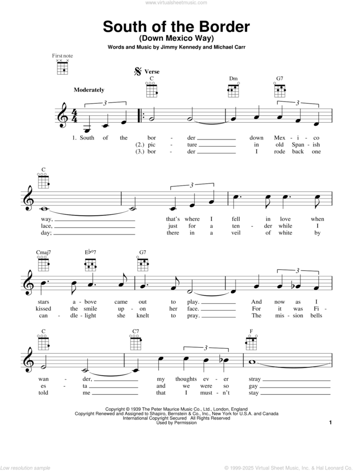 South Of The Border (Down Mexico Way) sheet music for ukulele by Patsy Cline, intermediate skill level