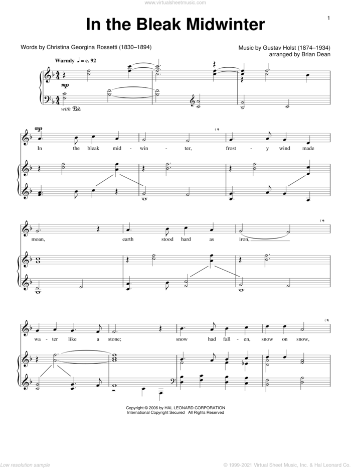 In The Bleak Midwinter sheet music for voice and piano by Gustav Holst and Christina Rossetti, classical score, intermediate skill level