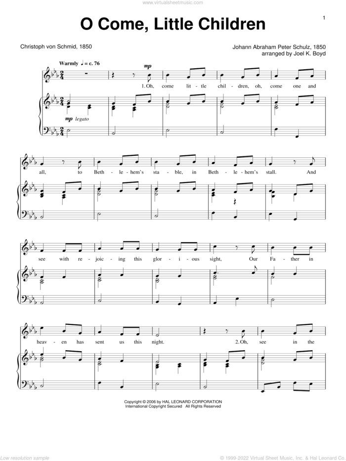 O Come, Little Children sheet music for voice and piano by J.A.P. Schulz and Cristoph Von Schmid, intermediate skill level