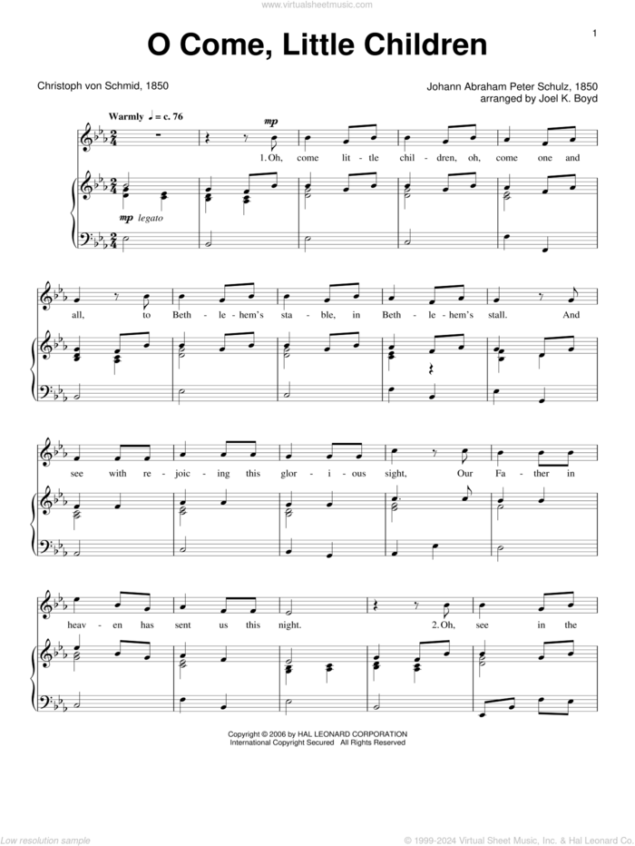 O Come, Little Children sheet music for voice and piano by J.A.P. Schulz and Cristoph Von Schmid, intermediate skill level