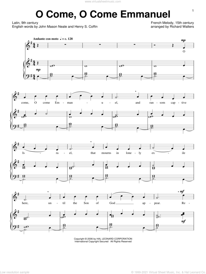 O Come, O Come Immanuel sheet music for voice and piano by John Mason Neale, 13th Century Plainsong and Henry S. Coffin, intermediate skill level