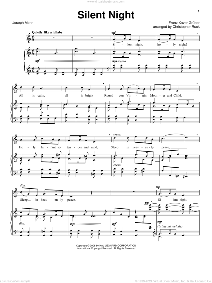 Silent Night (arr. Christopher Ruck) sheet music for voice and piano by Joseph Mohr, Christopher Ruck, Franz Gruber and John F. Young, intermediate skill level