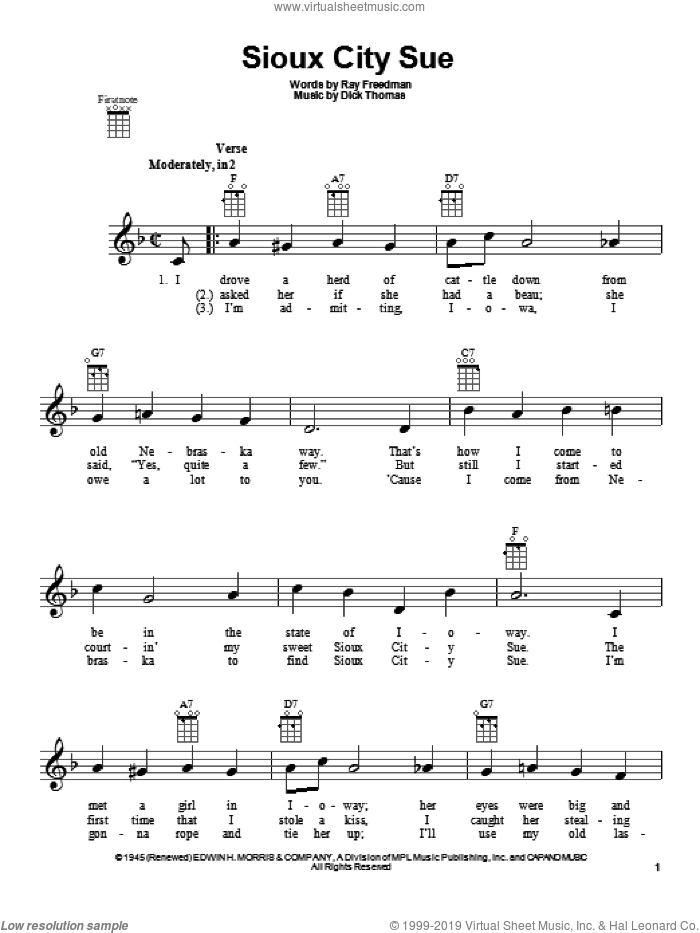 Sioux City Sue sheet music for ukulele by Ray Freedman and Dick Thomas, intermediate skill level