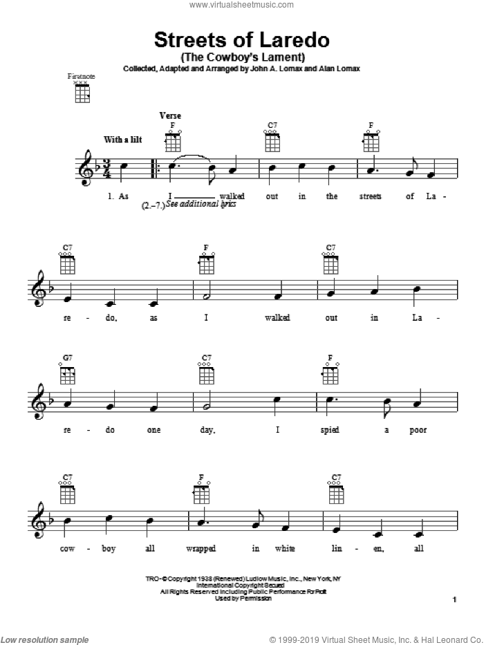 Streets Of Laredo (The Cowboy's Lament) sheet music for ukulele by John A. Lomax, intermediate skill level