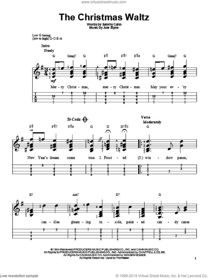 The Christmas Waltz sheet music for ukulele (easy tablature) (ukulele easy tab) by Sammy Cahn and Jule Styne, intermediate skill level