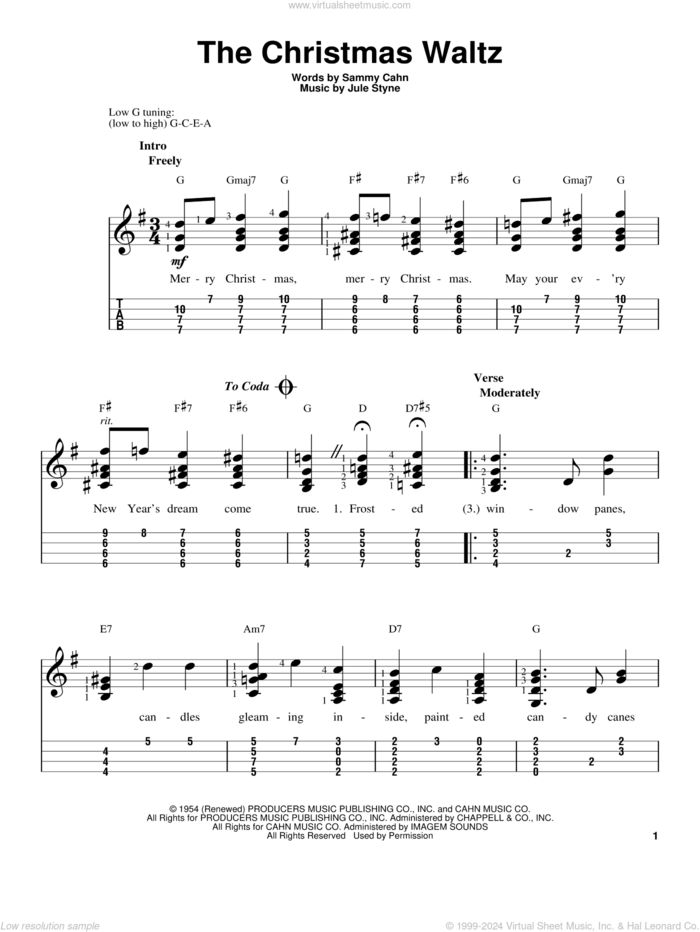 The Christmas Waltz sheet music for ukulele (easy tablature) (ukulele easy tab) by Sammy Cahn and Jule Styne, intermediate skill level