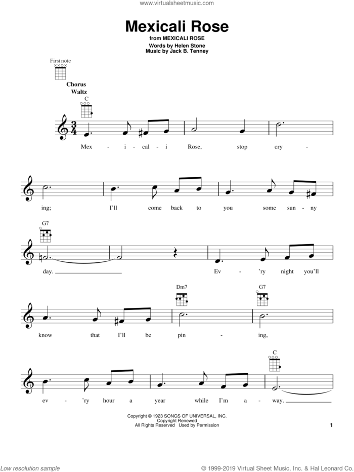 Mexicali Rose sheet music for ukulele by Bing Crosby, Helen Stone and Jack B. Tenney, intermediate skill level