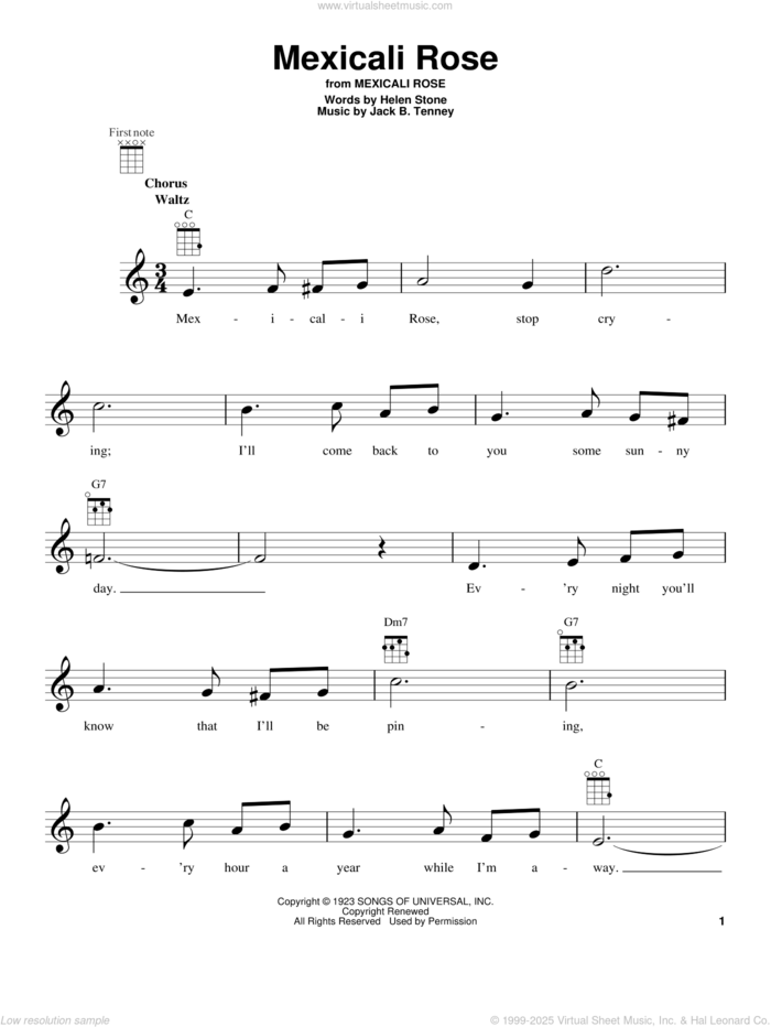 Mexicali Rose sheet music for ukulele by Bing Crosby, Helen Stone and Jack B. Tenney, intermediate skill level