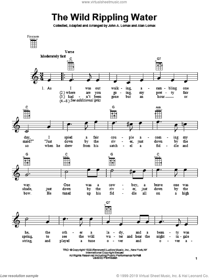 The Wild Rippling Water sheet music for ukulele by John A. Lomax, intermediate skill level