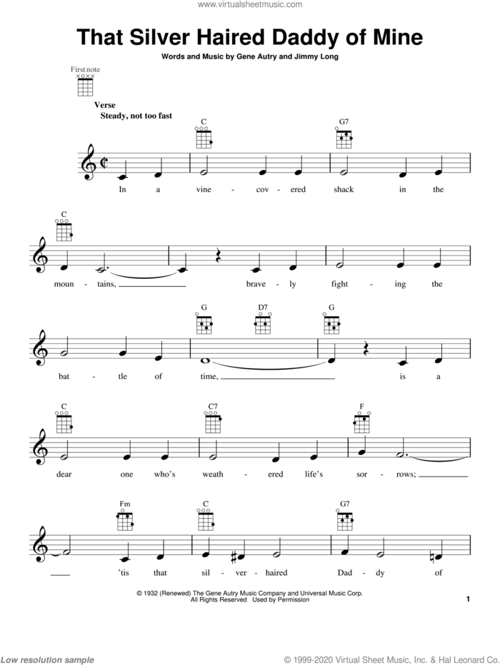 That Silver Haired Daddy Of Mine sheet music for ukulele by Gene Autry and Jimmy Long, Gene Autry and Jimmy Long, intermediate skill level