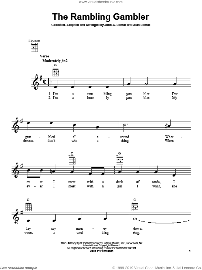The Rambling Gambler sheet music for ukulele by John A. Lomax, intermediate skill level