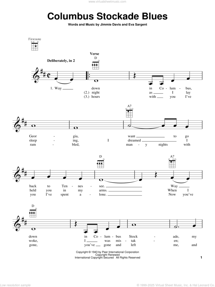 Columbus Stockade Blues sheet music for ukulele by Jimmie Davis, Eva Sargent and Vaughn Monroe/Sons of Pioneers, intermediate skill level