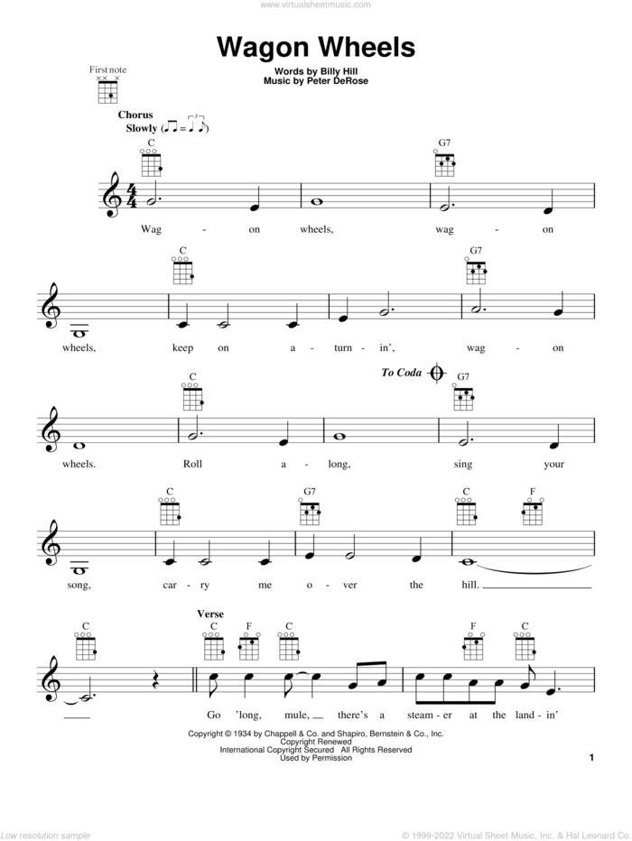 Wagon Wheels sheet music for ukulele by Hank Snow and Sons Of The Pioneers, intermediate skill level