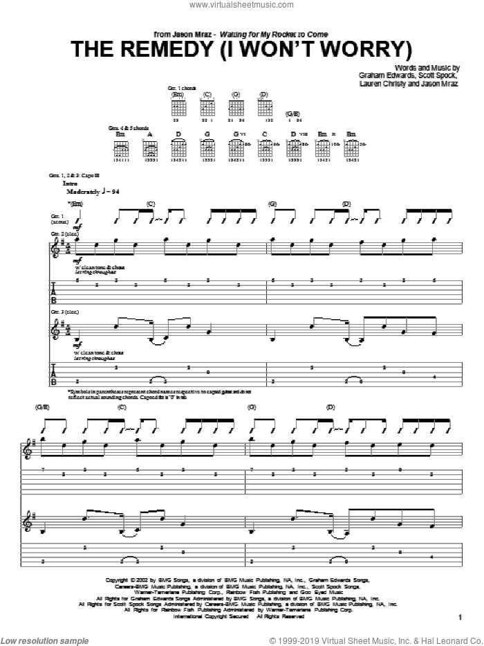 The Remedy (I Won't Worry) sheet music for guitar (tablature) by Jason Mraz, Graham Edwards, Lauren Christy and Scott Spock, intermediate skill level