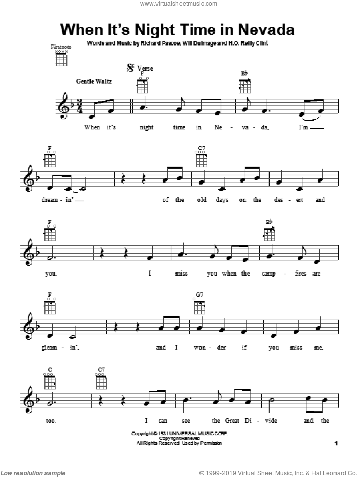 When It's Night Time In Nevada sheet music for ukulele by H.O. Reilly Clint and Will Dulmage, intermediate skill level