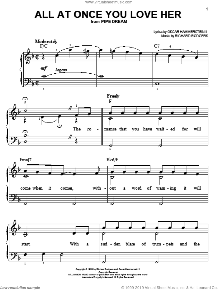 All At Once You Love Her sheet music for piano solo by Rodgers & Hammerstein, Oscar II Hammerstein and Richard Rodgers, wedding score, easy skill level
