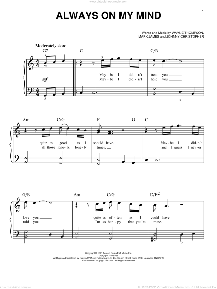 Always On My Mind, (beginner) sheet music for piano solo by Willie Nelson, Elvis Presley, Johnny Christopher, Mark James and Wayne Thompson, beginner skill level