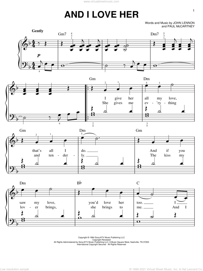 And I Love Her, (easy) sheet music for piano solo by The Beatles, John Lennon and Paul McCartney, easy skill level