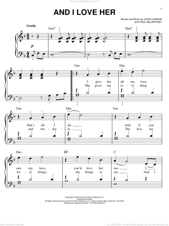 And I Love Her, (easy) sheet music for piano solo by The Beatles, John Lennon and Paul McCartney, easy skill level