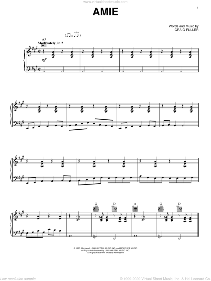 Amie sheet music for voice, piano or guitar by Pure Prairie League, intermediate skill level