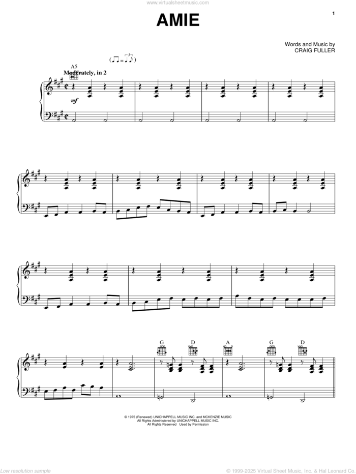 Amie sheet music for voice, piano or guitar by Pure Prairie League, intermediate skill level