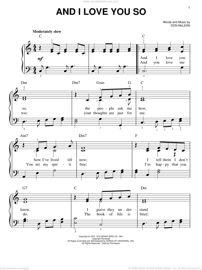 And I Love You So, (easy) sheet music for piano solo by Don McLean, wedding score, easy skill level
