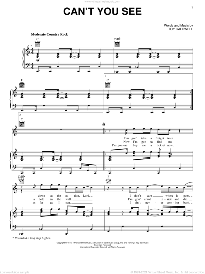 Can't You See sheet music for voice, piano or guitar by Marshall Tucker Band, intermediate skill level