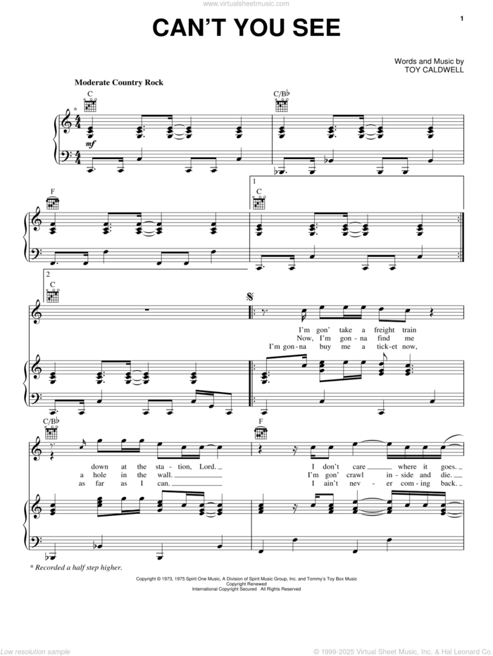 Can't You See sheet music for voice, piano or guitar by Marshall Tucker Band, intermediate skill level