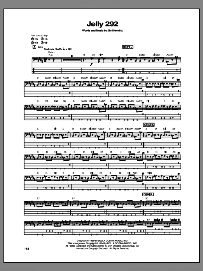 Jelly 292 sheet music for bass (tablature) (bass guitar) by Jimi Hendrix, intermediate skill level