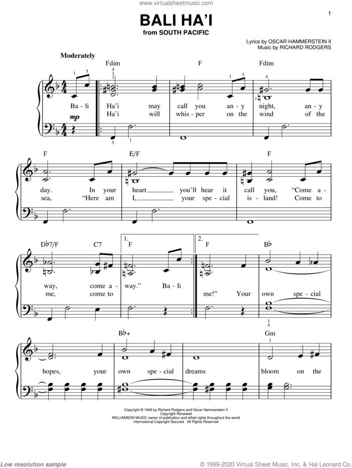 Bali Ha'i sheet music for piano solo by Rodgers & Hammerstein, South Pacific (Musical), Oscar II Hammerstein and Richard Rodgers, easy skill level