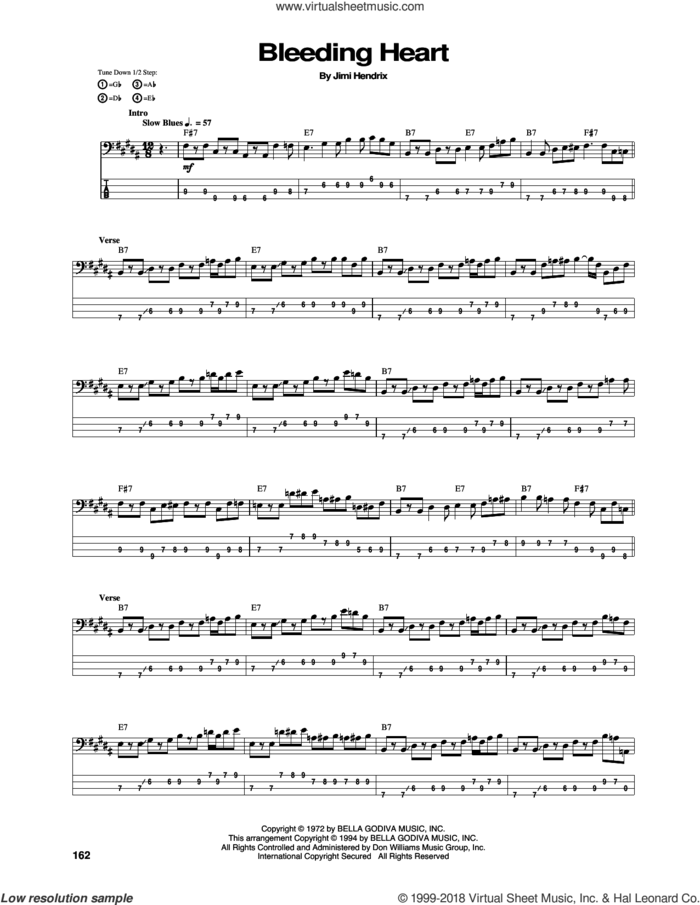 Bleeding Heart sheet music for bass (tablature) (bass guitar) by Jimi Hendrix, intermediate skill level