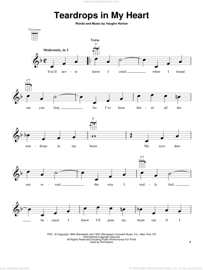 Teardrops In My Heart sheet music for ukulele by Rex Allen, Jr. and Vaughn Horton, intermediate skill level