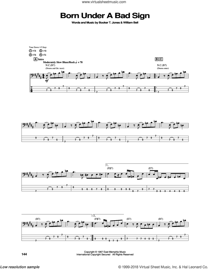 Born Under A Bad Sign sheet music for bass (tablature) (bass guitar) by Jimi Hendrix and Albert King, intermediate skill level
