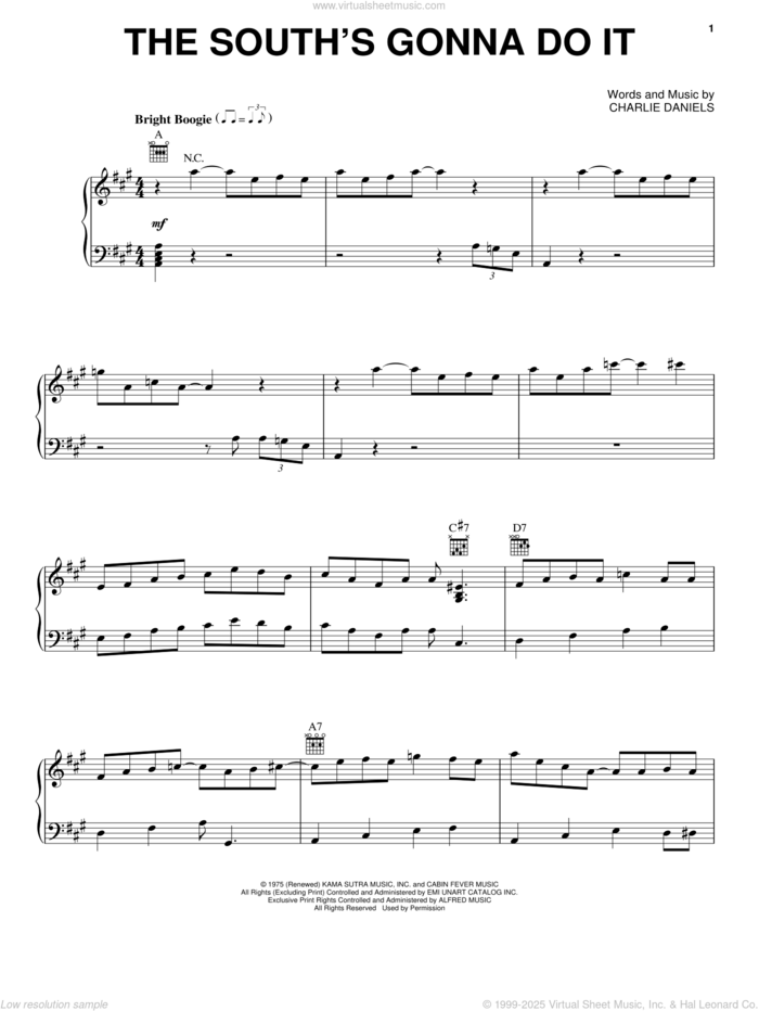 The South's Gonna Do It sheet music for voice, piano or guitar by Charlie Daniels Band and Charlie Daniels, intermediate skill level