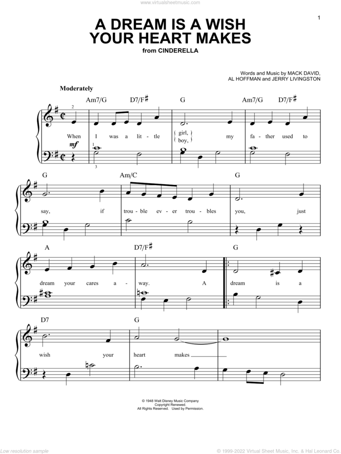 A Dream Is A Wish Your Heart Makes (from Cinderella), (easy) sheet music for piano solo by Al Hoffman, Ilene Woods, Linda Ronstadt, Jerry Livingston and Mack David, wedding score, easy skill level