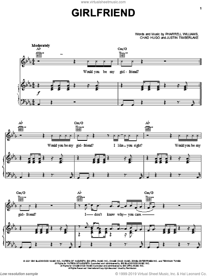 Girlfriend sheet music for voice, piano or guitar by 'N Sync, Chad Hugo, Justin Timberlake and Pharrell Williams, intermediate skill level