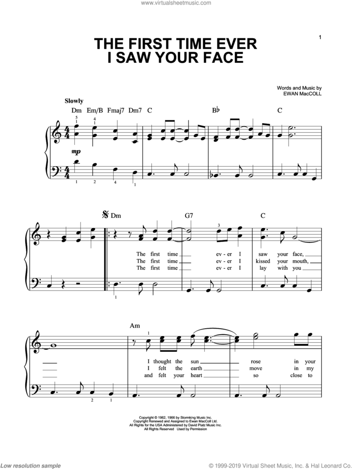 The First Time Ever I Saw Your Face sheet music for piano solo by Roberta Flack, Johnny Cash and Ewan MacColl, wedding score, easy skill level
