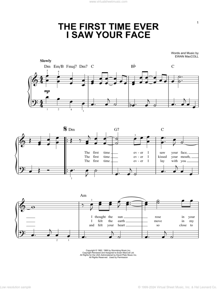 The First Time Ever I Saw Your Face sheet music for piano solo by Roberta Flack, Johnny Cash and Ewan MacColl, wedding score, easy skill level