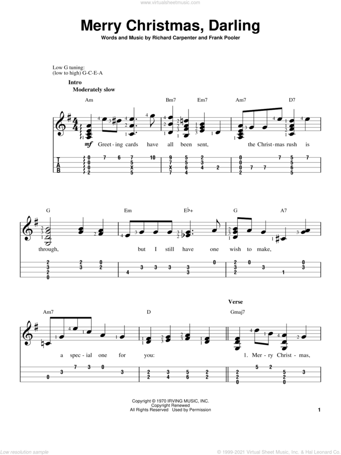 Merry Christmas, Darling sheet music for ukulele (easy tablature) (ukulele easy tab) by Carpenters, intermediate skill level