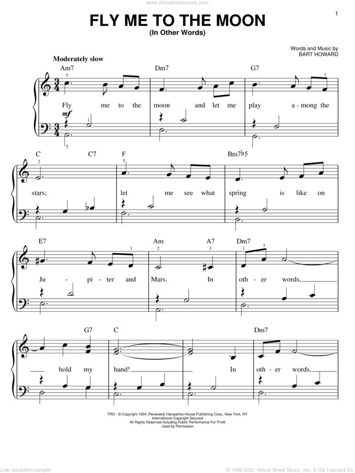 Fly Me To The Moon (In Other Words) sheet music for piano solo by Frank Sinatra, Tony Bennett and Bart Howard, wedding score, easy skill level